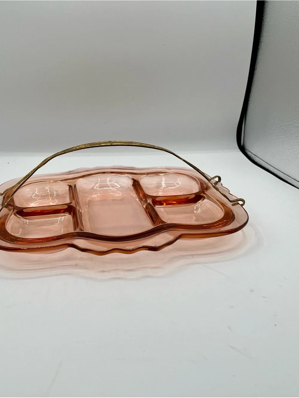 Vintage Pink Glass Divided Serving Tray with Handle from
